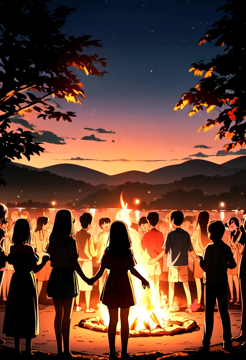 Let's dance in a circle, young people, bonfire at night, summer vacation, distant view, best picture quality