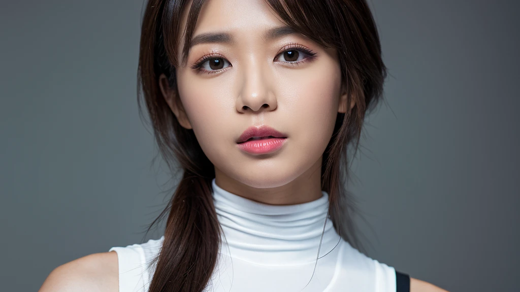 (Detailed face),vivid,White sleeveless top and turtleneck,4K,Ultra-high resolution,（Photorealistic：1.7）,Black long hair,Gray background,