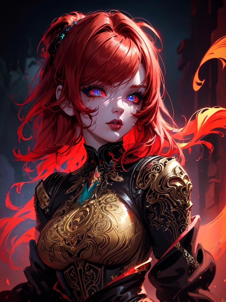 Red hair color,(masterpiece, best quality),(1 lady),(solo),(artstation),(dynamic),(charming),(magical),(unreal engine),(fantastically beautiful),(illustration),(dramatic lighting),(rave background),(neon glow),(maximalist),(extremely detailed eyes and face),(long eyelashes),(intricate details),(vibrant colors),(cinematic lighting),(fantasy portrait)