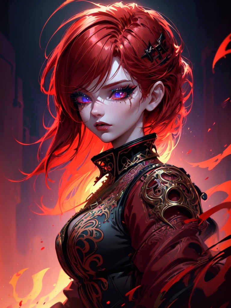 Red hair color,(masterpiece, best quality),(1 lady),(solo),(artstation),(dynamic),(charming),(magical),(unreal engine),(fantastically beautiful),(illustration),(dramatic lighting),(rave background),(neon glow),(maximalist),(extremely detailed eyes and face),(long eyelashes),(intricate details),(vibrant colors),(cinematic lighting),(fantasy portrait)