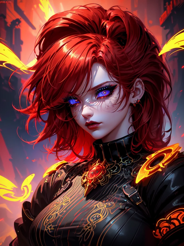 Red hair color,(masterpiece, best quality),(1 lady),(solo),(artstation),(dynamic),(charming),(magical),(unreal engine),(fantastically beautiful),(illustration),(dramatic lighting),(rave background),(neon glow),(maximalist),(extremely detailed eyes and face),(long eyelashes),(intricate details),(vibrant colors),(cinematic lighting),(fantasy portrait)