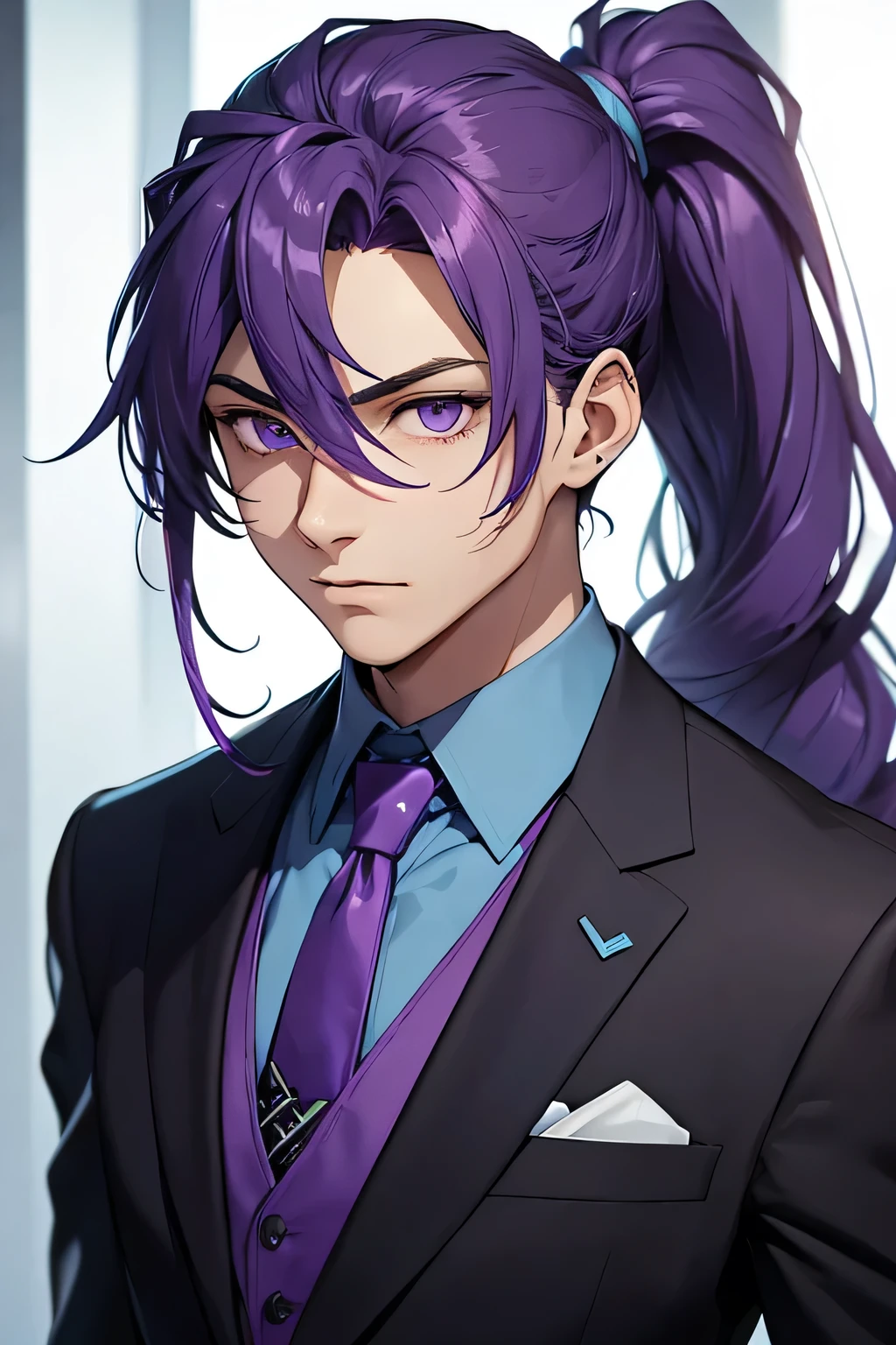 man, 21 years old, long purple hair tied like a ponytail, purple eyes. black suit with light blue tie.