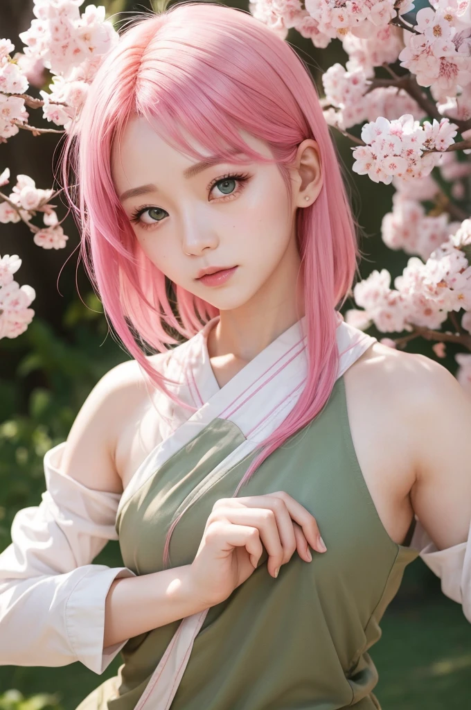 Sakura Haruno, has shoulder-length pink hair, she has emerald eyes, a sharp nose, white skin, and a soft face, (best quality, highres:1.2), 1girl, beautiful detailed eyes, beautiful detailed lips, extremely detailed eyes and face, long eyelashes, HDR, studio lighting, sharp focus, physically-based rendering, extreme detail description, portraiting breasts, perfect shape, facing viewer, sweaty, gorgeous, appearing in full frame, good-looking, Beautiful fair skin and luster, Beautiful eyes are big and bright, Small mouth and thin lips, Goodness of style and slendernes, beautiful big breast:1.5), beautiful girl illuminated by seven colors of light, Irridescent coloe, showing off her figure, seductive and confident, enchanting aura, surrounded by cherry blossom trees, delicate and vibrant petals falling all around her, soft pink and white colors, sunlight filtering through the trees, creating a warm and dreamy atmosphere
