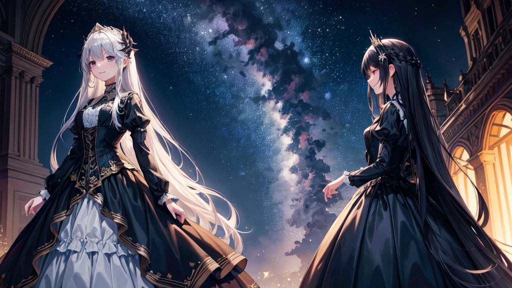 Straight Long Hair、Gothic Dress、Straight Dress、Gorgeous dress、smile、Big Breastoon Hair Ornament、Starry Sky、Night Sky.Delicate writing、masterpiece, Highest quality, High resolution:1.4、 Detailed write-up、 4K, Line art,