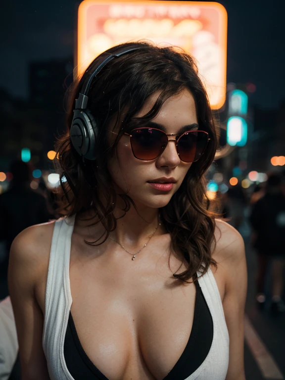 Brown hair . beautiful woman with curly hair and sunglasses wearing full size headphones - ear piece or surround dark room neon cyberpunk at night coordinator neon glow