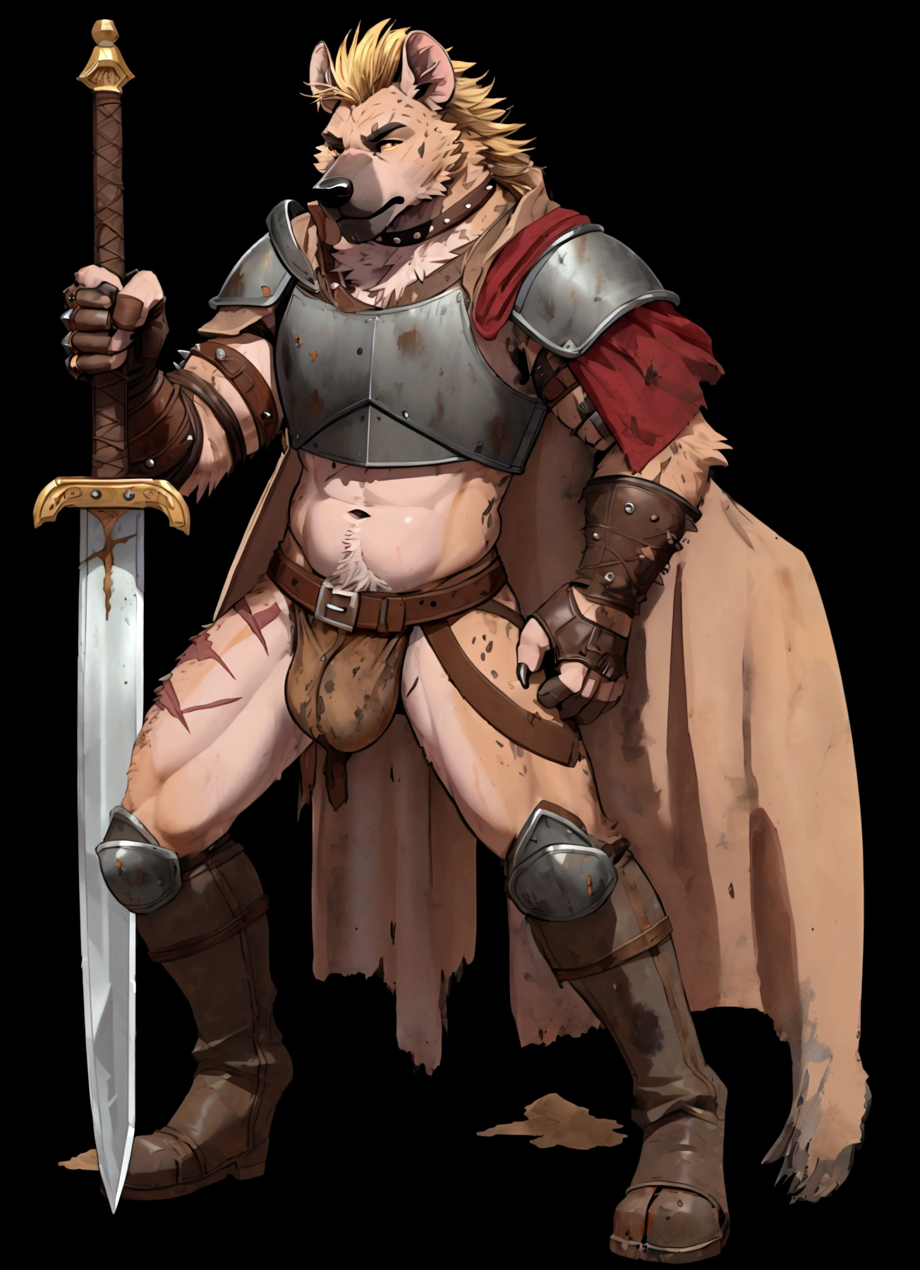Solo Sexy young anthro furry hyena hyena male mercenary medieval solider, tall slim sexy slim muscular, anthro handsome gay shorter muzzle, handsome gay model male apperance, sword scars, worn out leather skimpy armament, low on hips heavy leather belt, old very worn out skimpy dirty linen material jockstrap, old yellow dirty worn out stains on white sawn jockstrap, very visible "x" brown seam pattern on the jockstrap, studded skimpy armlets breastplate armor, skimpy breastplate, leather bondages, fingerless leather gloves, smelly unwashed furr, dirty body look, desert battlefield, standing in sexy fighting position, close view of full character
