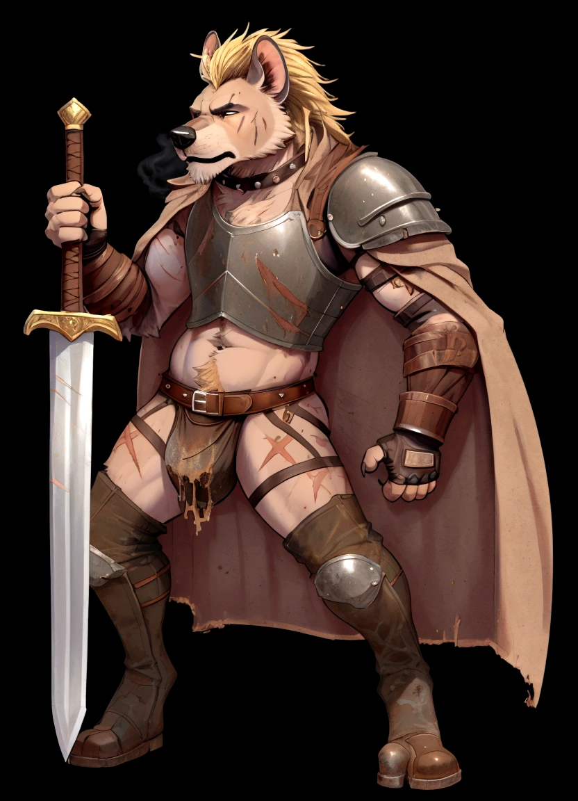 Solo Sexy young anthro furry  hyena hyena male mercenary medieval solider, tall slim sexy slim muscular, anthro handsome gay shorter muzzle, handsome gay model male apperance, sword scars, worn out leather skimpy armament, low on hips heavy leather belt, old very worn out skimpy dirty linen material jockstrap, old yellow dirty worn out stains on white sawn jockstrap, very visible "x" brown seam pattern on the jockstrap, studded skimpy armlets breastplate armor, skimpy breastplate, leather bondages, fingerless leather gloves, smelly unwashed furr, dirty body look, desert battlefield, standing in sexy fighting position, close view of full character