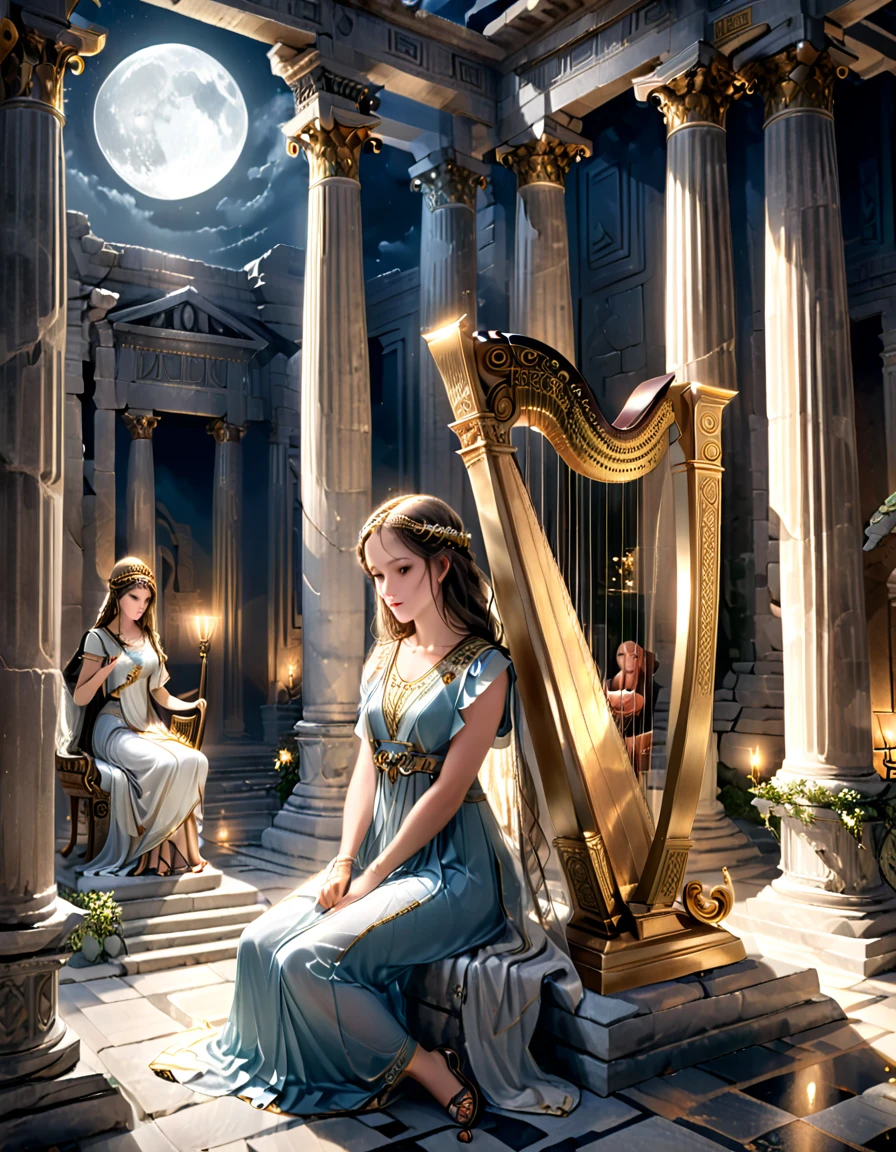 a young priestess, sitting, she places a harp larger than herself in front of him and plays it, playing a large lyre, ancient Greek temple, late at night, inside the temple it is (dark:1.3) and there is (no lighting:1.2), the moonlight shines in at an angle, shining a faint light on her., highly detailed, photorealistic, realistic lighting, intricate architecture, ornate decorations, cool color palette, golden accents, soft fabric textures, mesmerizing expression, elegant pose, cinematic composition, natural lighting, realistic shadows, mystical atmosphere, hyperrealistic, award-winning art