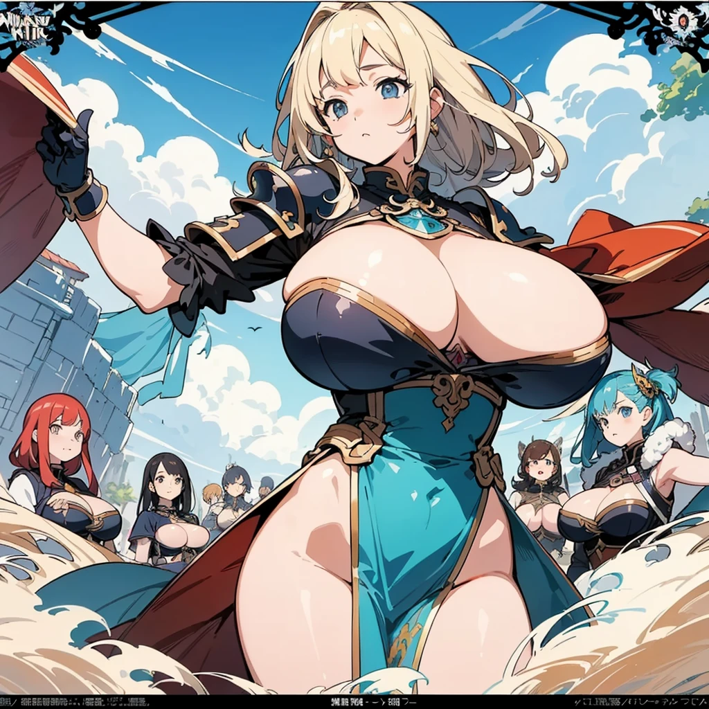 masterpiece, ultra resolution, perfect quality, perfect anatomy, amazing quality, official illustration, anime movie poster a group of women in fantasy warrior costumes, ((huge breasts))
