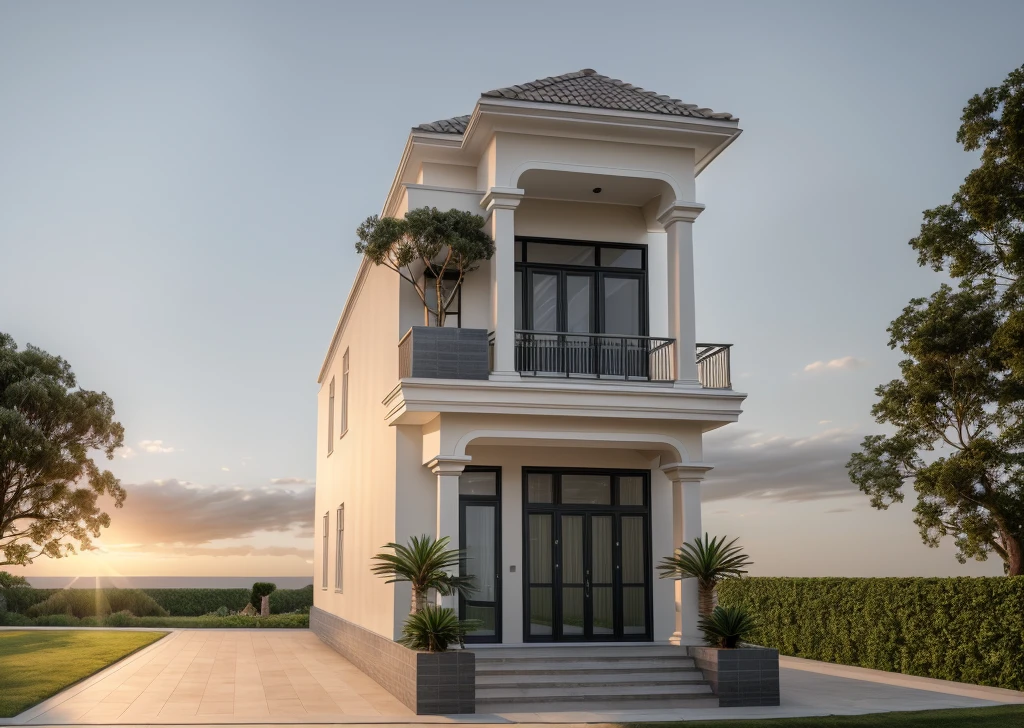 PLATFORM KTHOUSE, 1 neoclassical villa, main materials of the villa: light gray wall construction: 1.2 and stone: 1.2, 1 large yard, 1 running track in front of the house, (RAW photo, real, best quality, great effects:1.2 ), blue sky :1.3, (super realistic, photo-realistic:1.2), high quality, (sunrise light:1.3), perfect lighting, Archdaily