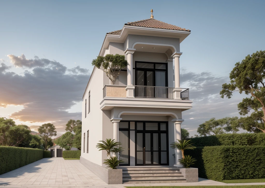 PLATFORM KTHOUSE, 1 neoclassical villa, main materials of the villa: light gray wall construction: 1.2 and stone: 1.2, 1 large yard, 1 running track in front of the house, (RAW photo, real, best quality, great effects:1.2 ), blue sky :1.3, (super realistic, photo-realistic:1.2), high quality, (sunrise light:1.3), perfect lighting, Archdaily