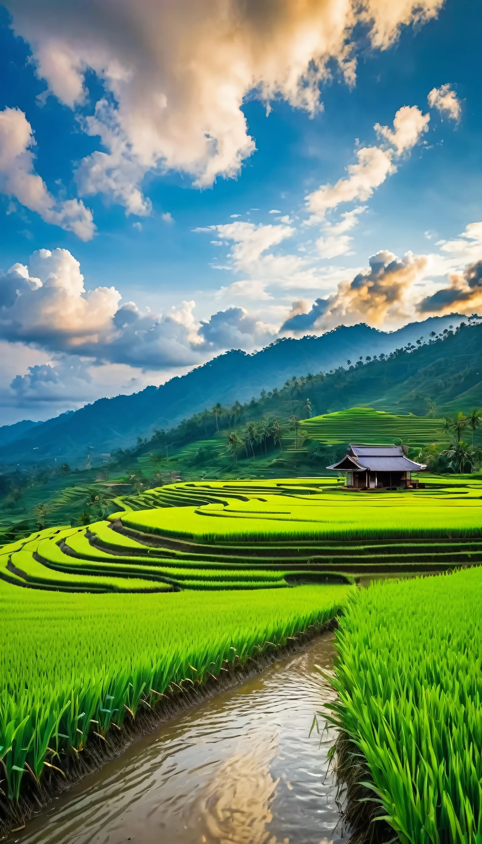 Close-up view upon A beautiful paddy field view , morning time , beautiful clouds, beautiful sky , hills in distance , Asia wooden house ,