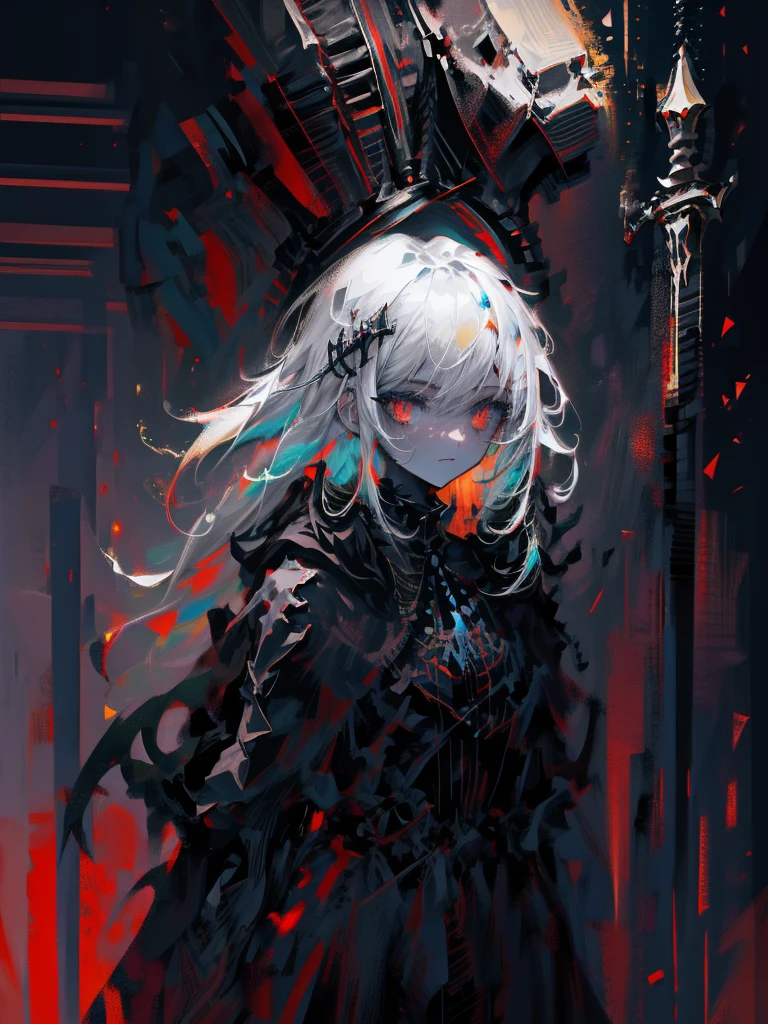(a girl with) Aura-like gothic lighting, realistic Gothic-style artwork, detailed skeleton impaling itself with a sword in the neck, dark atmospheric background, high-res masterpiece:1.2, ultra-fine painting, professional, vivid colors
