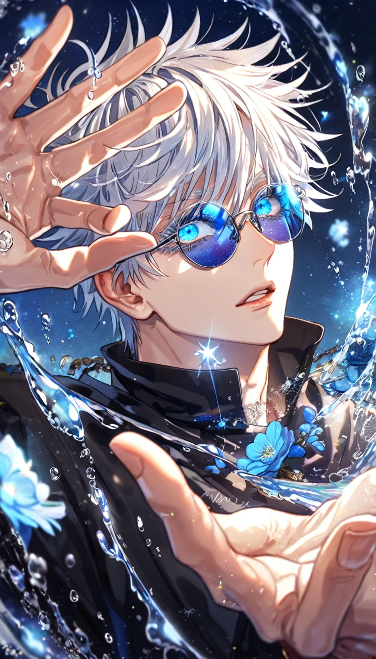 absurdres, highres, ultra detailed, HDR, master piece, best quality, extremely detailed, Gojou Satoru, white hair, expressive blue eyes, white eyelashes, round black sunglasses, Jujutsu Kaisen, solo, sexy man, handsome, black clothes, fantasy, magic, water, sparkling, blue glittering fireflies, blue moon, blue blossoms, blue flowers, blue sparkling lights, starry sky