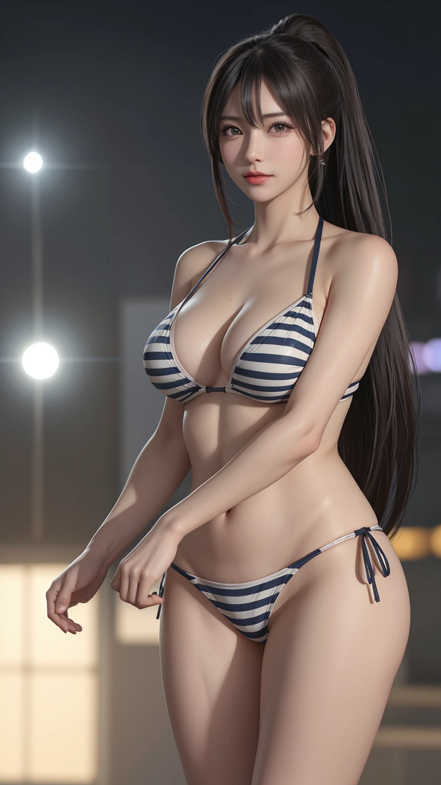 ((Huge breasts)),((Striped bikini,Swimsuit,stocking)),(full-body shot),((masterpiece, 最high quality, Photorealistic and Very detailed CG integrated 8k wallpaper, high quality, Very detailed, Narrative Poems, Particle Effects, dynamic effect, Writing border depth, light, lens flare, Ray Tracing, Anatomically accurate)), fantasy, 1 beautiful woman, (((Neon))), Clear eyes, Long hair, Pretty Face, serious, 緻密でbeautiful eyes, ((night,City)), ((Ponytail,Long hairがwindでなびく, Long hairが跳ねる, Long hairがwindで踊る)), hair jump, Jewelry, beautiful eyes, Silver earrings, wind, Peaceful and beautiful