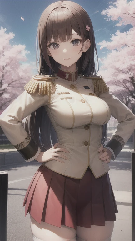 masterpiece, best quality, nmascot, epaulettes, uniform, pleated skirt, white thighhighs, medium breasts, looking at viewer, upper body, petals, cherry blossoms, light smile, sky, clouds, hands on hips, beautiful hands   