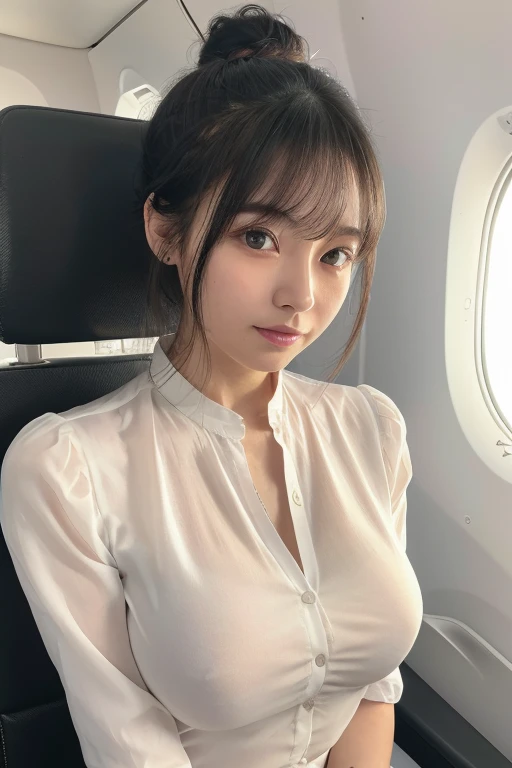 masterpiece, One beautiful girl, Detailed eyes, Swollen eyes, Highest quality, 超High resolution, (reality: 1.4), Original photo, One girl, Cinema Lighting, Japanese, Asian Beauty, Korean, Very very beautiful, Beautiful skins, thin, Front facing body, (超reality的な), (High resolution), (8k yen), (Very detailed), (Best illustrations), (Beautiful and detailed eyes), (Ultra-detailed), Detailed face, Looking at the audience, Look straight ahead, Neat Clothing, No sleeve、(((Put your hair up、Black-haired)))、Medium Breast、Very small waist、46 point diagonal bangs、White background、Clean room、(Stewardess uniform、In-flight、pantyhose、Laughter、chest sticks out、The blouse is very tight、Her breasts are stretching her blouse tightly、The buttons on the blouse are tight、Nipples are visible