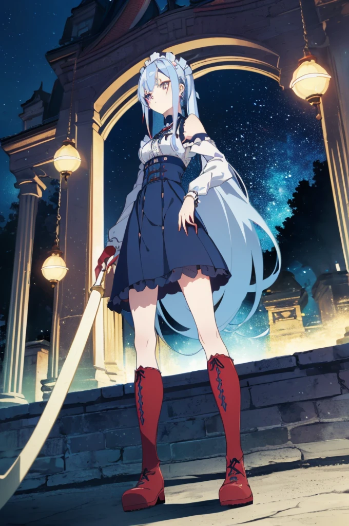 [(cathedral background:1.4)::5],original,(illustration:1.1),(best quality),(masterpiece:1.1),(extremely detailed CG unity 8k wallpaper:1.1), (colorful:0.9),(mid shot:0.95),(full body:1.5),Dynamic angle,(solo:1.2), (girl),((adult)), (detailed beautiful eyes:1.15), (beautiful face:1.15), (glowing red eyes:1.25////),((medium hair)),((split-color hair,red hair,blue hair)),(high twintails),(chignon),(+perfect hand+:1.21),(Draw an illustration of a gothic girl),(Religious),(slender),(is wearing boots on her feet),((is wearing white maid clothes)),(furious), Lace Off-shoulder lolita fashion,beautiful slender woman,high twintails,((split-color hair,red hair,blue hair)),((split-color hair,red hair,blue hair)),from side,((split-color hair,red hair,blue hair)),