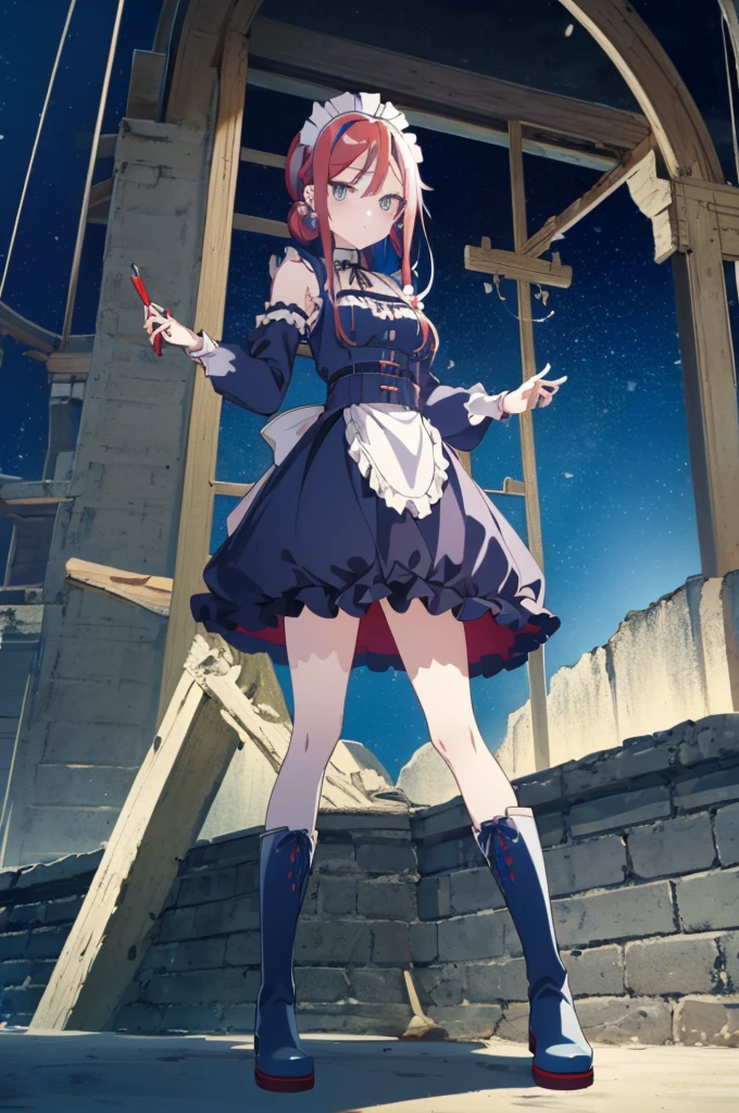 [(cathedral background:1.4)::5],original,(illustration:1.1),(best quality),(masterpiece:1.1),(extremely detailed CG unity 8k wallpaper:1.1), (colorful:0.9),(mid shot:0.95),(full body:1.5),Dynamic angle,(solo:1.2), (girl),((adult)), (detailed beautiful eyes:1.15), (beautiful face:1.15), (glowing red eyes:1.25////),((medium hair)),((split-color hair,red hair,blue hair)),(high twintails),(chignon),(+perfect hand+:1.21),(Draw an illustration of a gothic girl),(Religious),(slender),(is wearing boots on her feet),((is wearing white maid clothes)),(furious), Lace Off-shoulder lolita fashion,beautiful slender woman,high twintails,((split-color hair,red hair,blue hair)),((split-color hair,red hair,blue hair)),from side,((split-color hair,red hair,blue hair)),