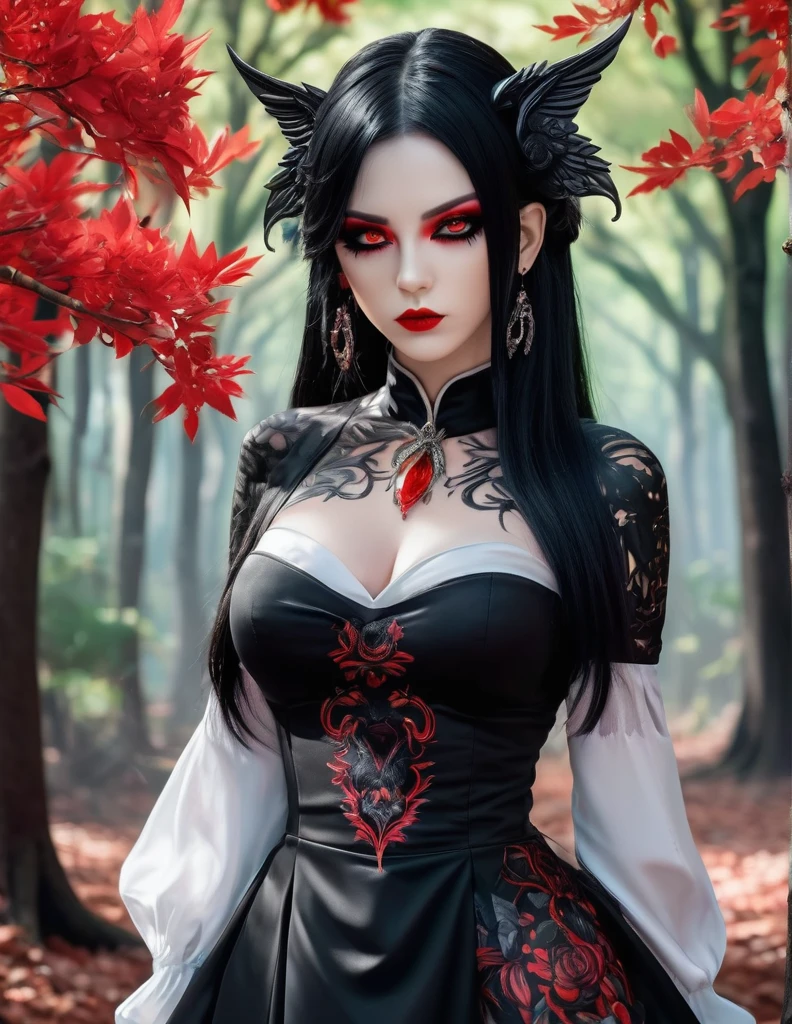 quality(8k wallpaper of extremely detailed CG unit, masterpiece, hight resolution, top-quality, top-quality real texture skin,hyper realisitic, digitial painting,increase the resolution,RAW photos,best qualtiy,highly detailed,the wallpaper),BREAK,8K, anime -style art , full body , mixed color eyes, black makeup, very white skin, metalic black hair long, jewelry, tattoos, toxic mask , red eyes, black dress, white background, standing in middle of trees, shoot from rare