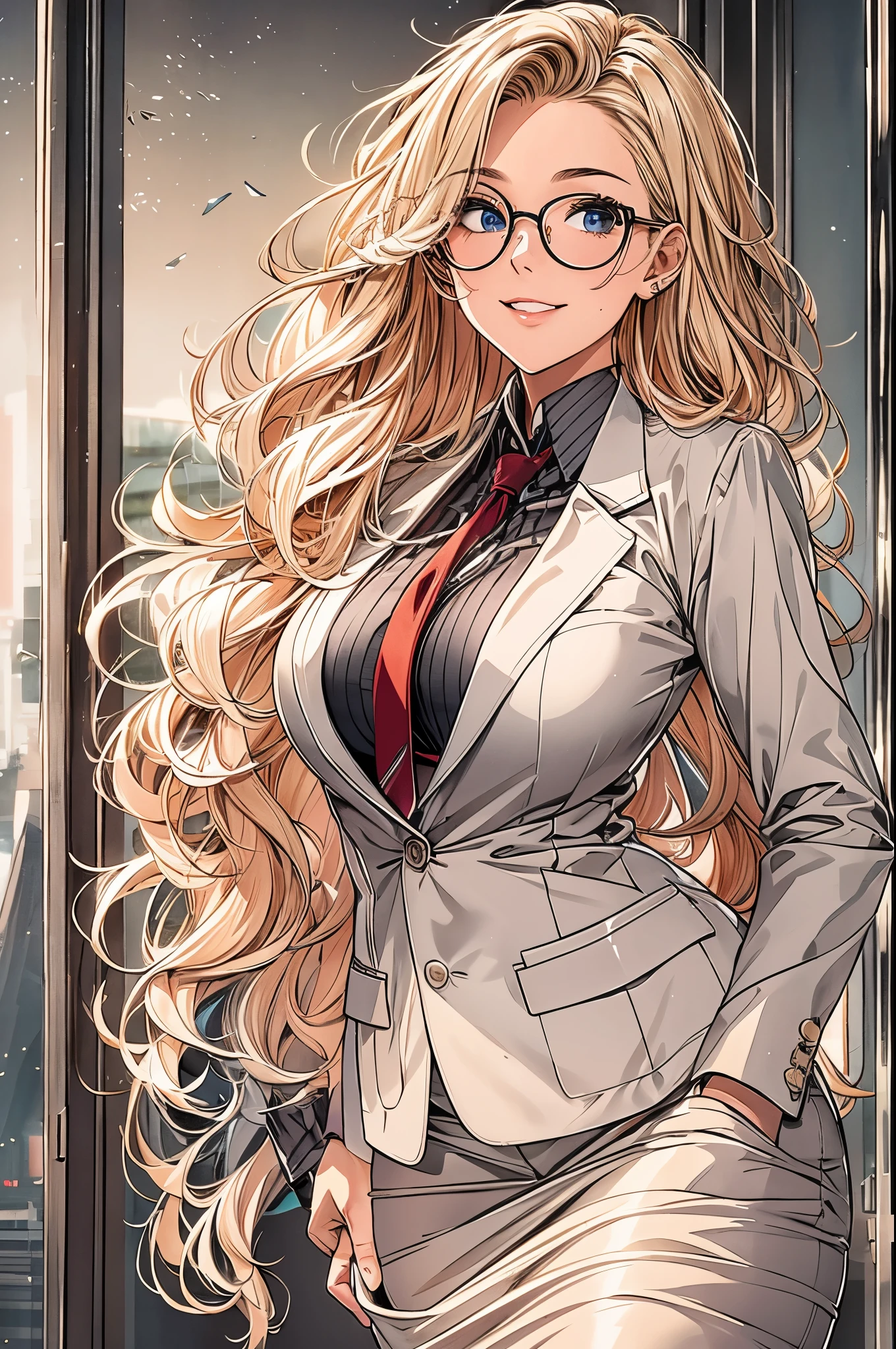 looking at the audience, whole body, Upper body focus, actual, shiny skin, (female office worker), business suit, split, glasses, (pretty face:1.1), (masterpiece, high quality:1.2), huge breasts, maternal love, porcelain skin, honey blonde, Very long hair, curls, adult, heart, in love, seductive light smile, light blush,