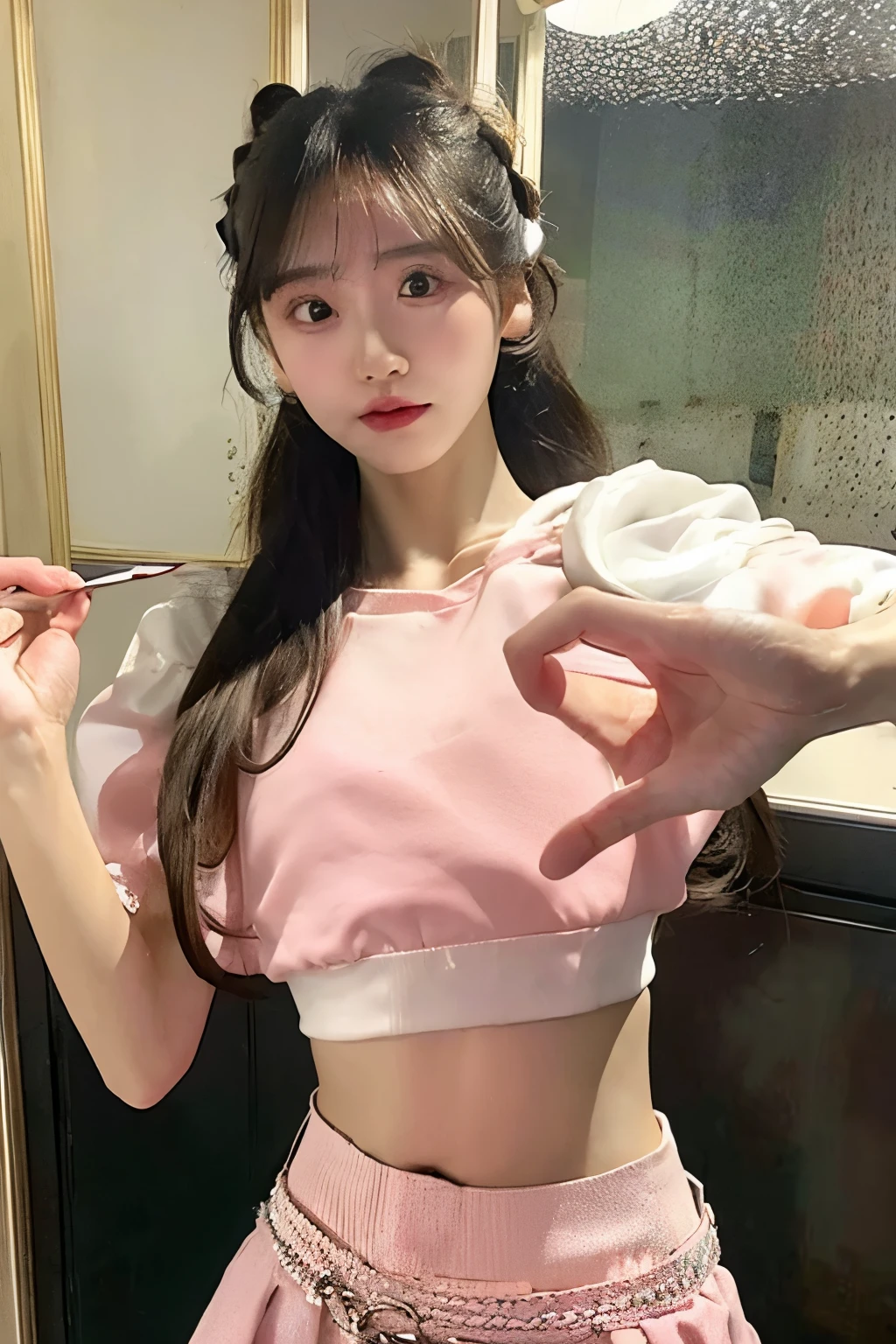 High quality, masterpiece Girl inside a café, korean, 8k, (light baby pink crop top), hairstyle1:1, brown hair, round eyes, round head, pale, kpop looking girl, skinny, slim, hour glass waist, (wearing white mini skirt)