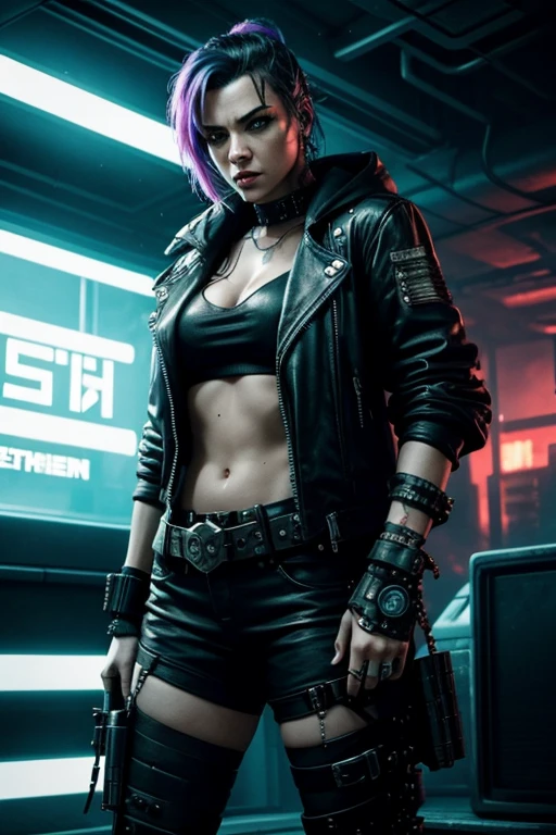 Cyberpunk, Cyperpunk themes, Female Gangster, wearing Mad Max style equipment