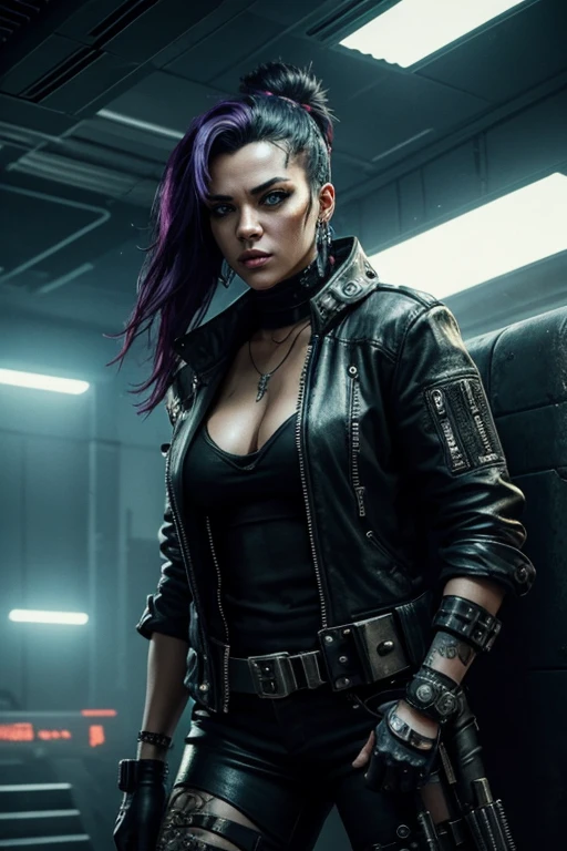 Cyberpunk, Cyperpunk themes, Female Gangster, wearing Mad Max style equipment