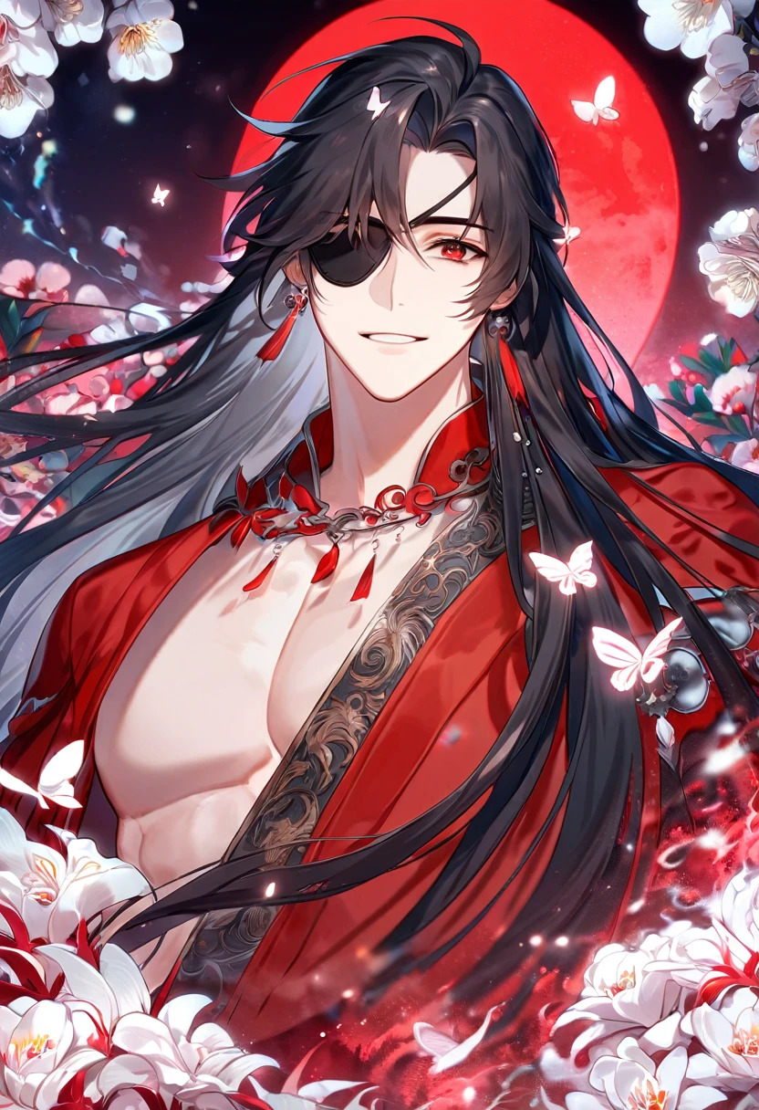 absurdres, highres, ultra detailed, HDR, master piece, Hua Cheng, black long hair, expressive red eye, black eye patch on his let eye, Heaven Official's Blessing, sexy man, handsome, best quality, red moon, flowers, fantasy, magical, solo, red water, red shining fireflies, red petals, red clothes, handsome smile, silver small butterflies, red dust