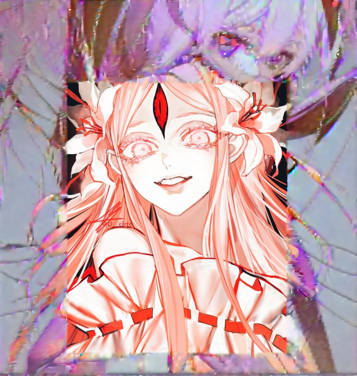 anime girl with long pink hair and red eyes and a flower in her hair, zero two, with eerie glowing red eyes, He got me intricado, com eerie glowing red eyes, ahegao, luminous red eyes, gapmoe yandere, eerie glowing red eyes, she has white eyes!!!, zerochan art, with glowing eyes, red eyes glowing, ahegao face, zerochan