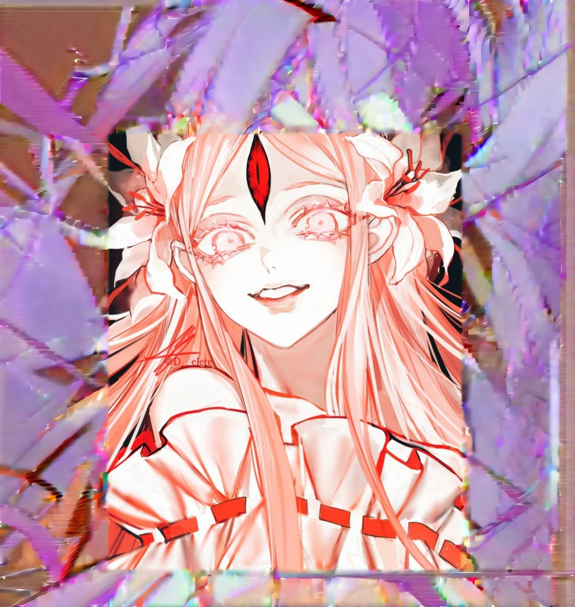 anime girl with long pink hair and red eyes and a flower in her hair, zero two, with eerie glowing red eyes, He got me intricado, com eerie glowing red eyes, ahegao, luminous red eyes, gapmoe yandere, eerie glowing red eyes, she has white eyes!!!, zerochan art, with glowing eyes, red eyes glowing, ahegao face, zerochan