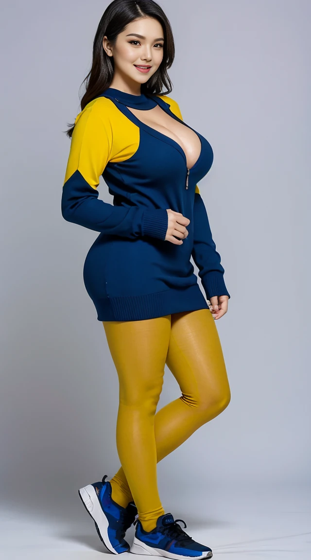 white background,((full body shot:1.2)), (normal breasts:0.2),((exposed cleavage)), gigantic hips, fair skin, dark blue sweater, yellow short, black pantyhose, sport shoes, beautiful woman, smile, eyelashes, highly detailed face, MILF, sexy pose