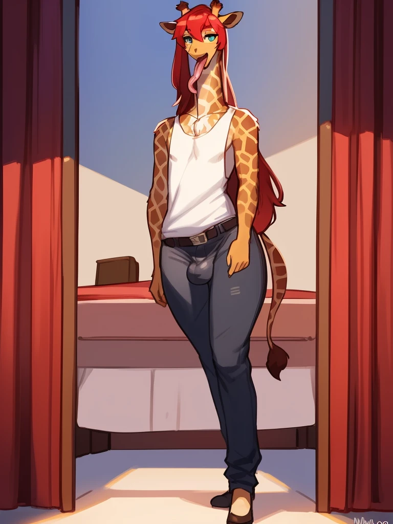 Masterpiece, hi res, absurdres, Best Quality, detailed, 4K, 8K, detailed,HD, By bebebebebe, by wsache, by greasymojo, by inu-sama, solo,tall,detailed eyes, male,girly, androgynous, curvy,thick, makeup, giraffe anthro,giraffe, red hair,long hair, long neck, Open mouth, tongue out,very long tongue, oversized camisole,curvy, Big ass, flaccid male genitalia, balls, dense tuft of fur above genitalia,dense tuft of fur on chest, remove pants, better eyes, detailed eyes,Open pants,unbuttoned pants,detailed hands