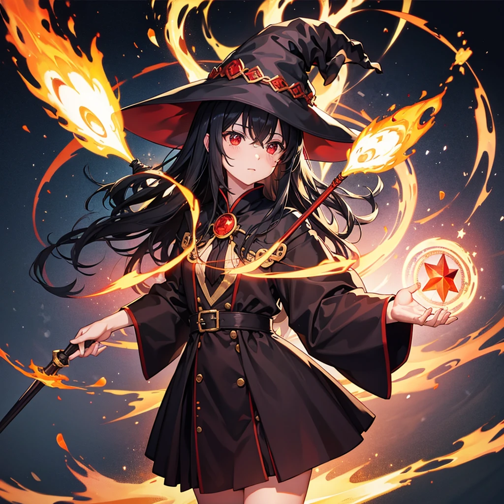((((witch)))) (((wand of flame Stand on a magic circle))) ((Black Hair witchの帽子 Red eyes)) ((explosion fire beam)) (Magic Robe Black Hole) incantation Runes Shining Background Shining Edge