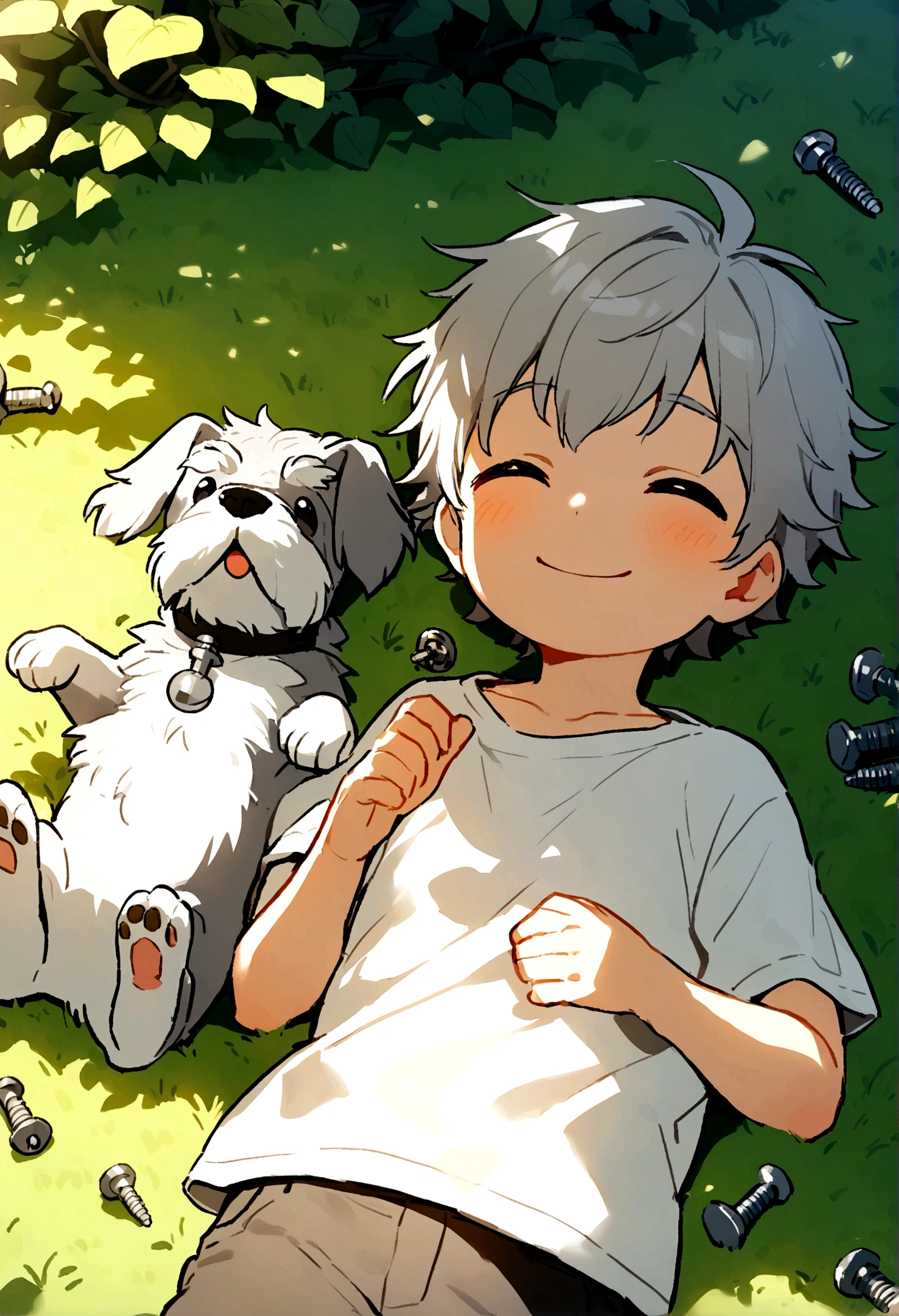 Lucas is a smiling 5-year-old human boy, with your faithful friend, screw, the schnauzer dog, lying in the garden