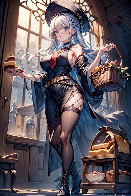 (perky chest:1.2), (pointed chest:1.2),(Pudding cake magazine cover:1.3),(from below:1.2),(shoot from the side:1.1),(((Black Tunic:1.3))),(((cakes and bread in the basket),a 23yo Cute and beautiful girl,masterpiece、highest quality、Very detailed、Beautiful fine details、Detailed landscape、Braided Ponytail、Red camisole、((B cup breasts, Tank top showing underboob:1.0)), thigh strap, bangs, necktie, earrings, nail polish, fishnet pantyhose, silver hair, looking at viewer, full body, bottle, own hands together, belt, food, ring, choker, english text paper:1.2, collared shirt, blue eyes, hat,lace-up boots ,