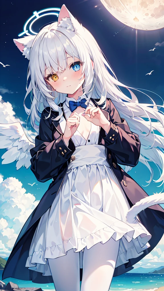 White hair,Long hair,Cat ear,Heterochromia blue-yellow,female face,There are bright spots in the eyes,Female hands,White little hands,Normal fingers,flat chest,Solitary,blue halo,On an island in the sky,Day and night mix,Angel Wings,White pantyhose,moon