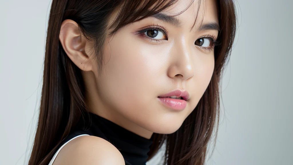 (Detailed face),vivid,White sleeveless top and turtleneck,4K,Ultra-high resolution,(Photorealistic:1.7),Black long hair,White Background,