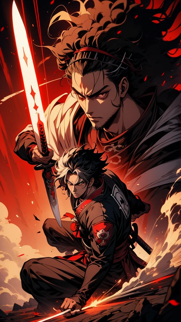 A man holding a sword stands on a rock, Afro Samurai Anime Style, Alucard, Afro Samurai Anime Style, itatchi uchiha, miyamoto musashi, Demon Samurai, Itachi, Kano Tan'yu, Afro Samurai style, elric of melnibone, Ninja, Vampire Hunter D, Demon Samurai warrior