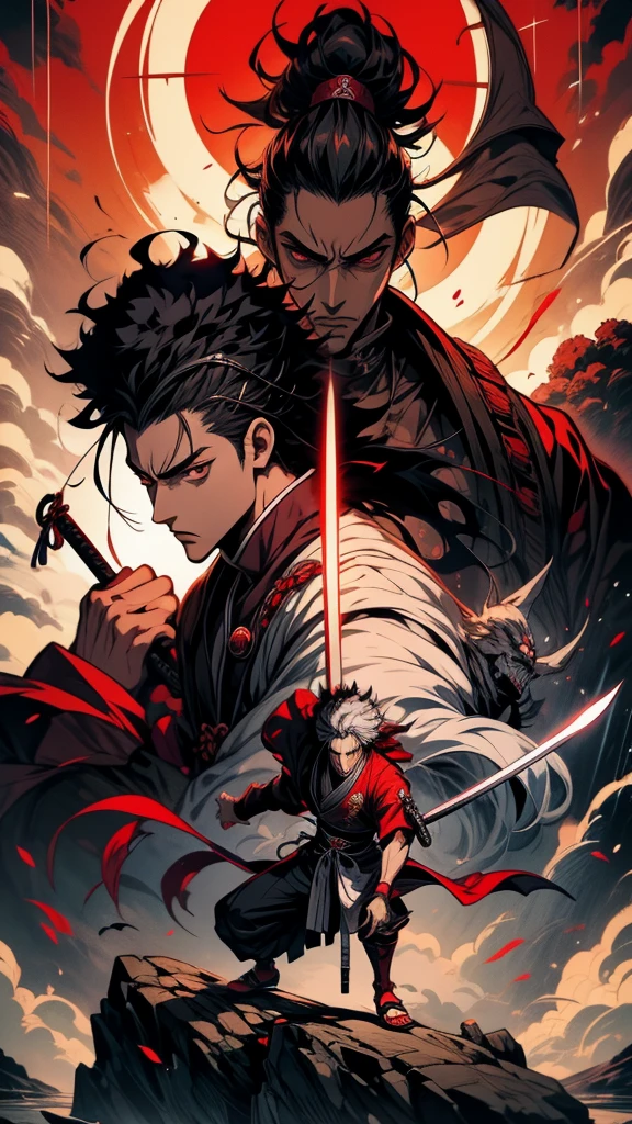 A man holding a sword stands on a rock, Afro Samurai Anime Style, Alucard, Afro Samurai Anime Style, itatchi uchiha, miyamoto musashi, Demon Samurai, Itachi, Kano Tan&#39;yu, Afro Samurai style, elric of melnibone, Ninja, Vampire Hunter D, Demon Samurai warrior