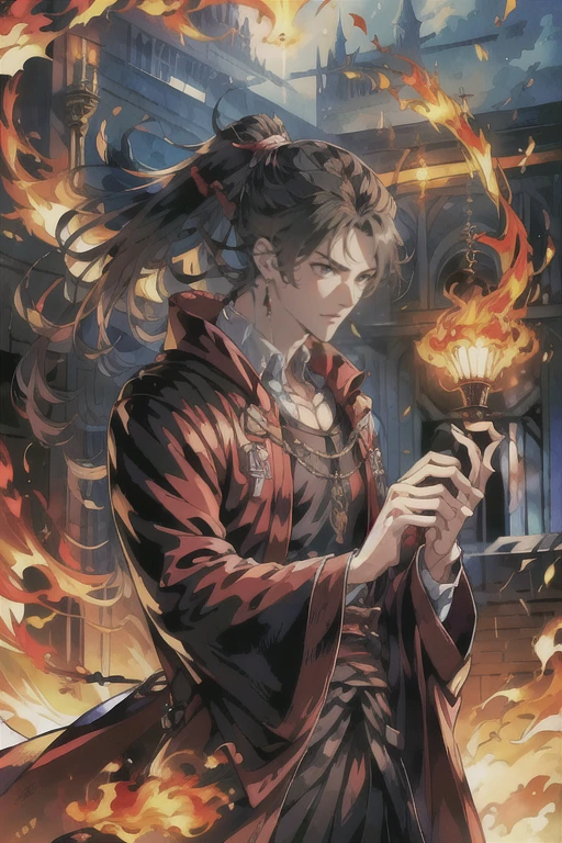 ((best quality)), ((masterpiece)), (detailed),((highest quallity)),naughty man, young man, masculine, Detailed Description, gorgeous face, blue left eye, red right eye, demon eyes, revenge look straight hair, ponytail hair, hair down to the shoulders, Bblack hair, Gothic, caucasiano, renaissance church window background, black robe, cloak covering shoulders, cloak to the elbows, Beautiful young man, Detailed facial representation, black  clothes, hands crossed, crucifix in the right hand, playing with blue fire with his left hand (seen from the front),( fully body)