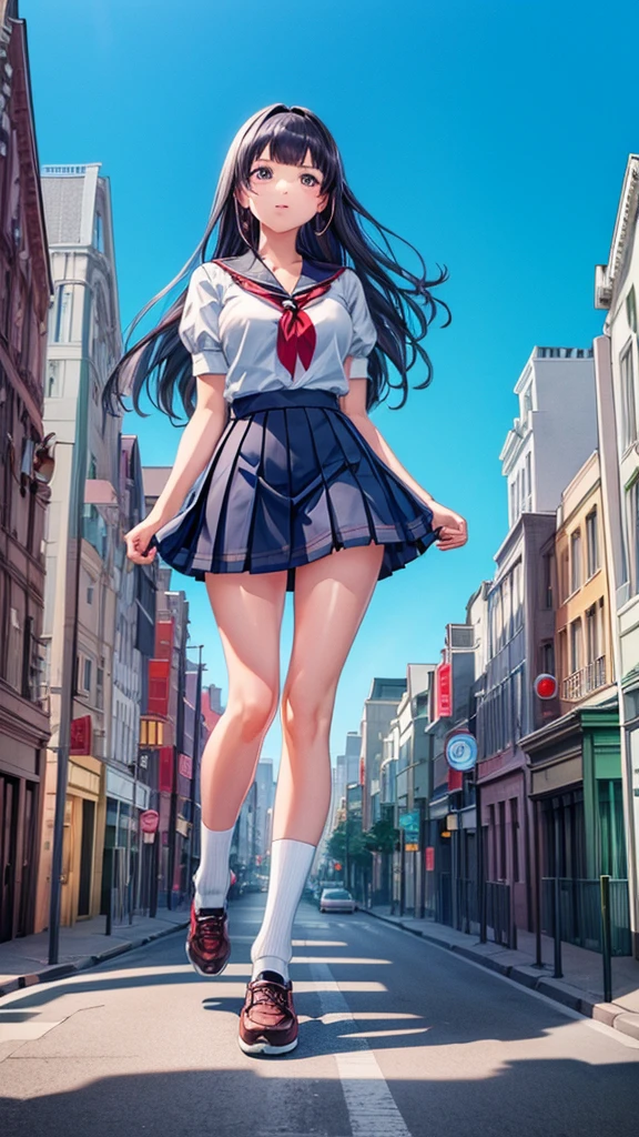 masterpiece Unreal Engine Anime Style Delicate painting 4K 90's giant Multiple Girls crowd School building City School buildingの谷間に立っている巨大な女子高生 school uniform Sailor suit skirt Black Hair smile female giant giant girl Whole body Destroyed skyscrapers Destroyed cars Crowd Unreal Engine,cleavage ,a drawing of a , earrings, long hair, 1980s (style) Cute picture Beauty Analog style whole body sneakers