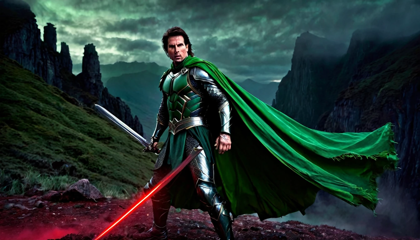 Medieval warrior man, green armor, super muscular body on steroids, tom cruise face, ((legendary sword in hand)), green cape, (at night), black pointed cliffs in the background, red fog, dark fantasy image, ethereal atmosphere, cinematic lighting, photorealistic, (best quality, 8k, high resolution, masterpiece: 1.2), ultra detailed, realistic, photorealistic: 1.37, spectacular lighting, moody, fantasy, concept art
