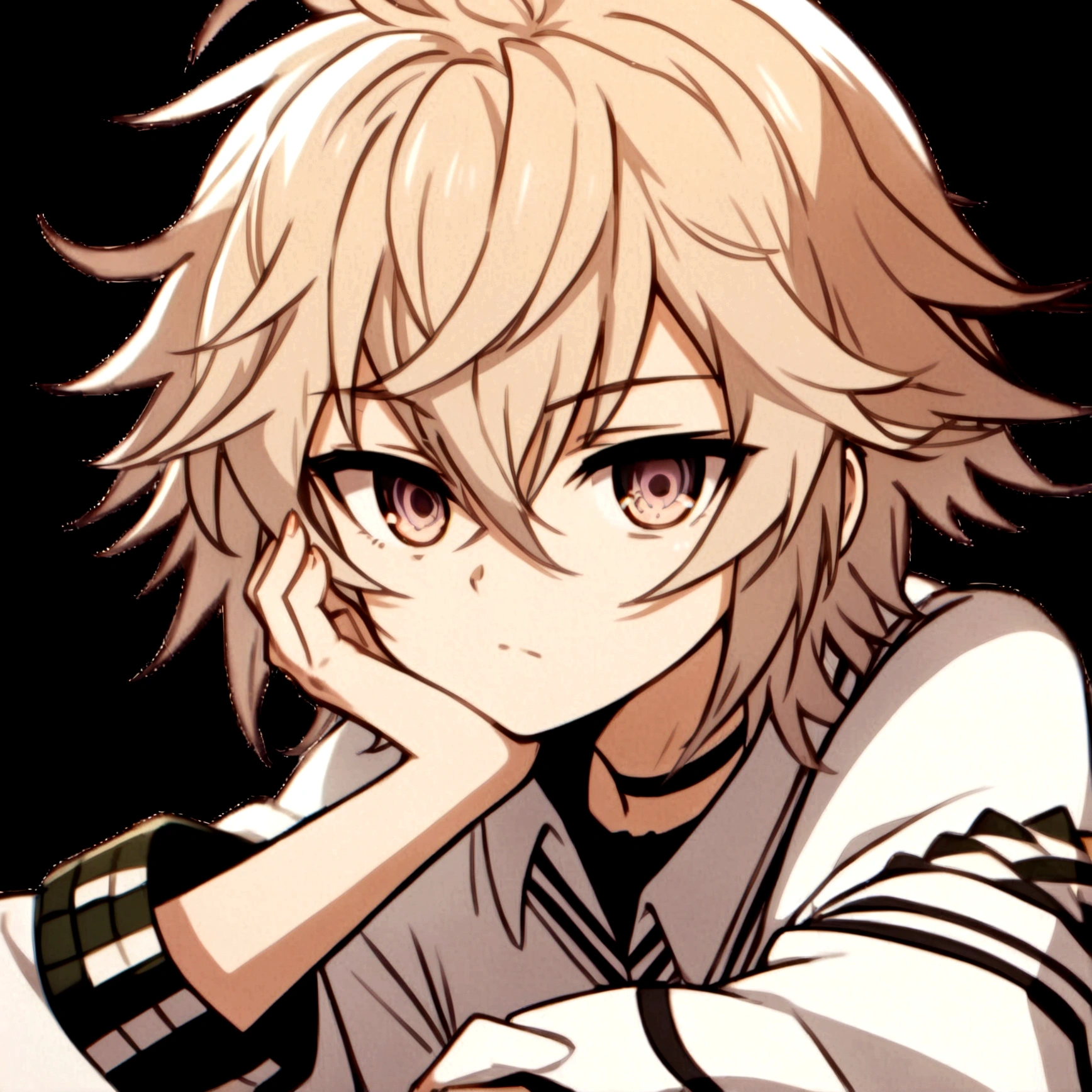 A closeup of a person with their hand on their chin, best 4k konachan anime wallpaper, handsome guy in demon slayer art, Boy Anime, Hajime Yatate, nagito komaeda, Anime main art, main visuals of the anime, young anime man, cute anime pose, clean detailed anime style, detailed anime soft face, anime moe art style