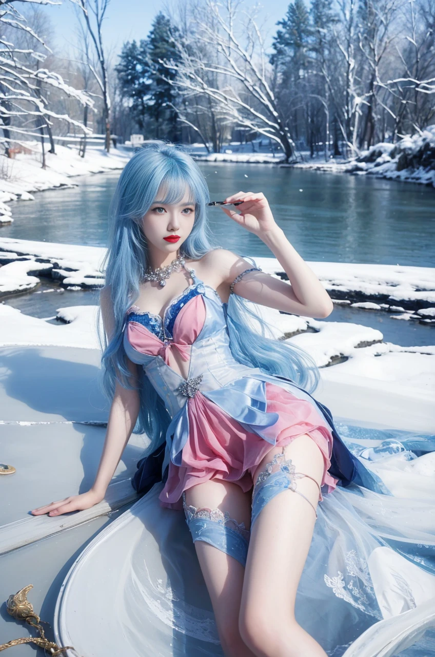 best quality, tmasterpiece,Ultra-high resolution,Clear face,(Reality:1.4),ferpect lighting,(upper body shot), (photorealistic:1.50), anime wallpaper, Guviz style artwork, cover-up fantasy up to magic , by Yang J, Guviz, beautiful artwork illustration, beautiful digital artwork, beautiful digital illustration, Li Song, beautiful anime portrait, art style in Beauvot, Lips wear thick red lipstick