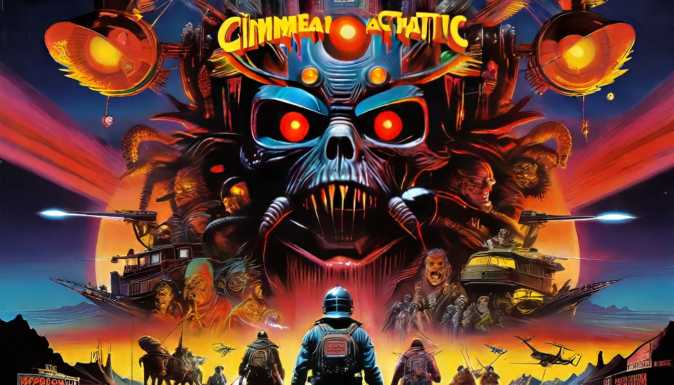a movie poster for Galaxy of Terror, inspired by Ed Emshwiller and Heavy Metal Magazine, Cyberpunk apocalypse in chaotic world, stalenhag, metal album cover, gwar, heavy metal band promo, wayne barlowe pierre pellegrini, retro sci fi, movie poster promo, ultra detailed, complex, sharp focus, object texture, studio photo, intricate details, highly detailed, Real Photo style, hyper-realistic, high dynamic range, rich colors, realistic textures, 8K uhd, high color depth, Nikon D 850, Kodak 400 port, fujifilm XT, (cinematic:3.1)
