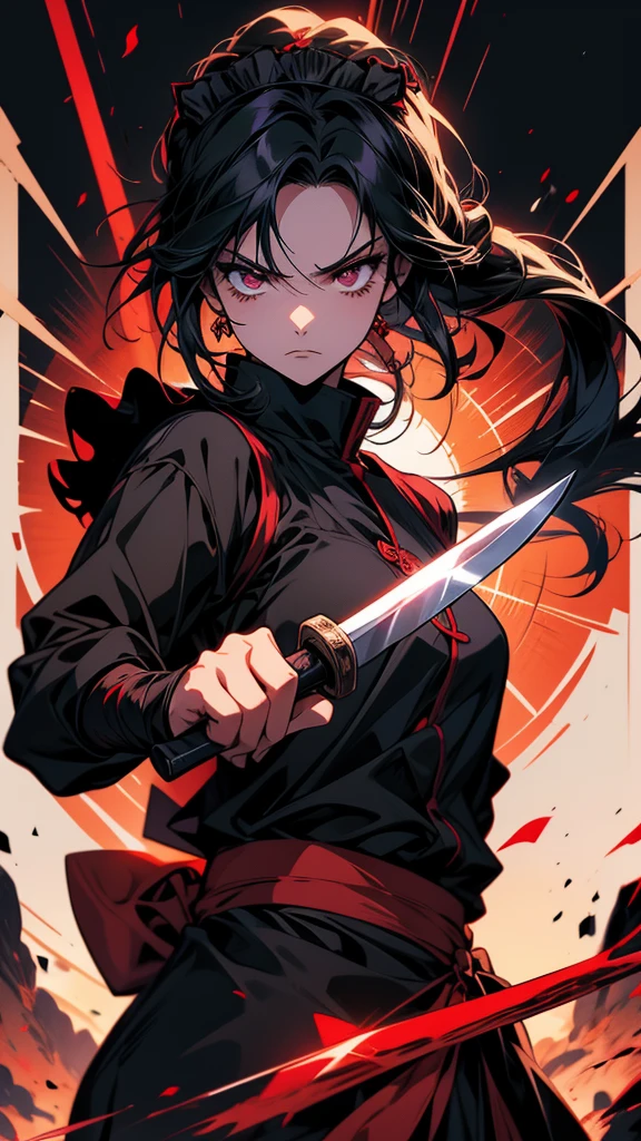 Holding a sword in his hand、Anime girl in black shirt, itatchi uchiha, knife, she is holding a knife sword, Anime-style characters, unsheathing her knife, akatsuki akira, By Ren, Maid, Anime-style artwork, kunoichi, holding knife, Anime characters, yuyushiki