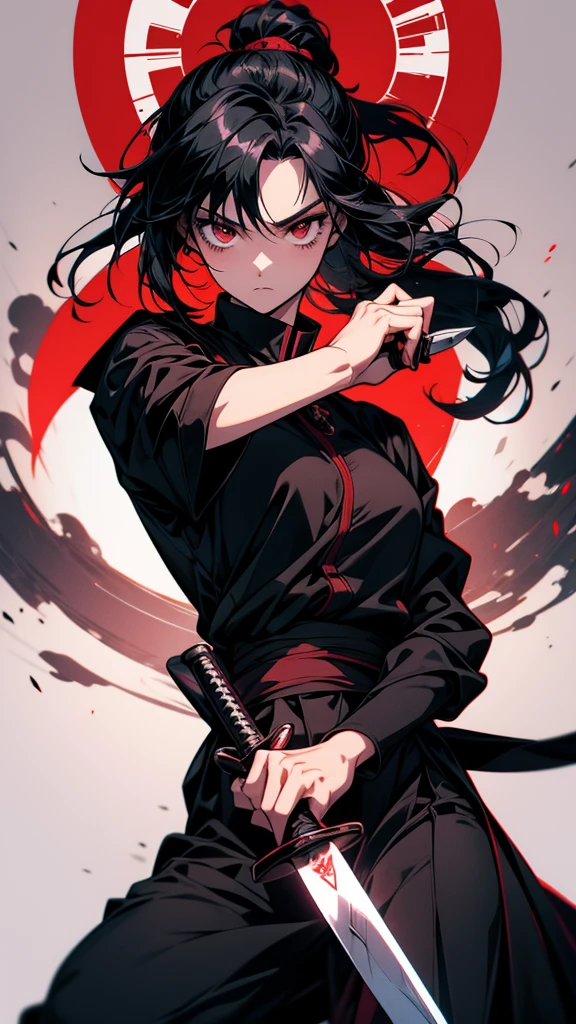 Holding a sword in his hand、Anime girl in black shirt, itatchi uchiha, knife, she is holding a knife sword, Anime-style characters, unsheathing her knife, akatsuki akira, By Ren, Maid, Anime-style artwork, kunoichi, holding knife, Anime characters, yuyushiki