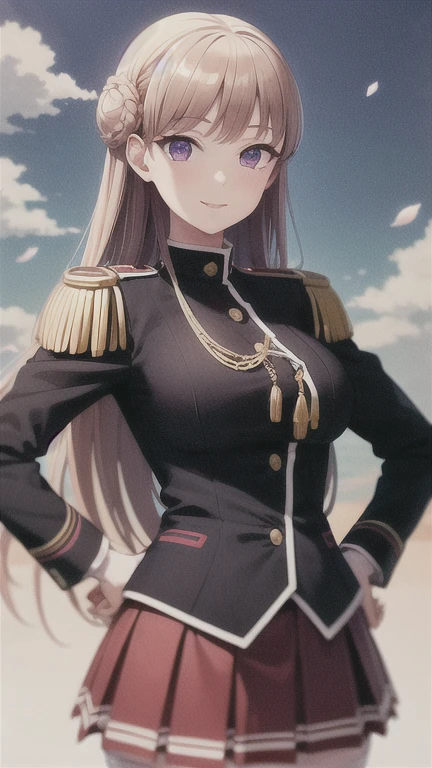 masterpiece, best quality, nmascot, epaulettes, uniform, pleated skirt, white thighhighs, medium breasts, looking at viewer, upper body, petals, cherry blossoms, light smile, sky, clouds, hands on hips, beautiful hands   