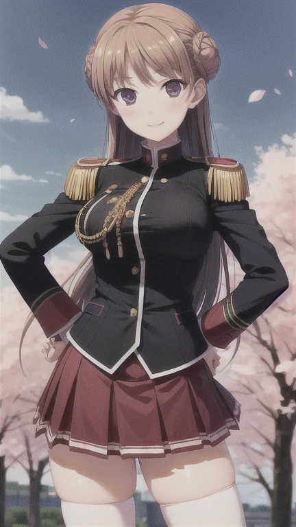 masterpiece, best quality, nmascot, epaulettes, uniform, pleated skirt, white thighhighs, medium breasts, looking at viewer, upper body, petals, cherry blossoms, light smile, sky, clouds, hands on hips, beautiful hands